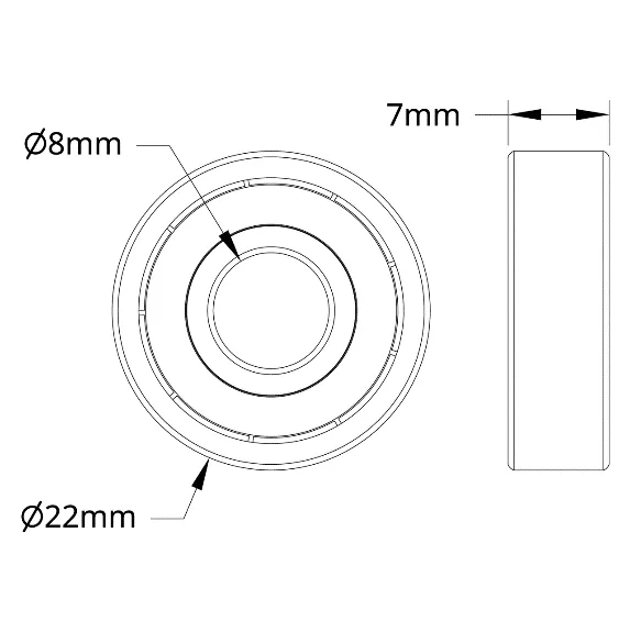 3600 Series Non-Flanged Ball Bearing (8mm ID x 22mm OD, 7mm Thickness) technical drawing