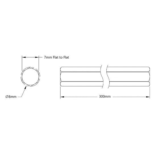 4102 Series Stainless Steel REX Shaft (8mm Diameter, 300mm Length) technical drawing