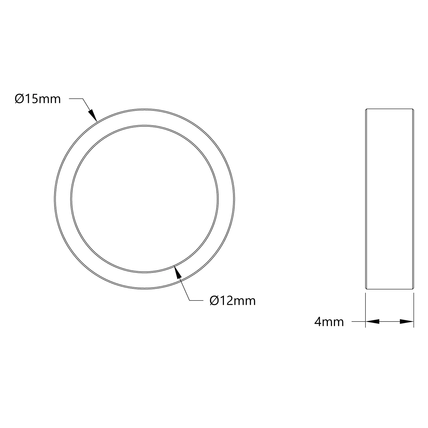 12mm ID Steel Spacer (15mm OD, 4mm Length) - 4 Pack technical drawing