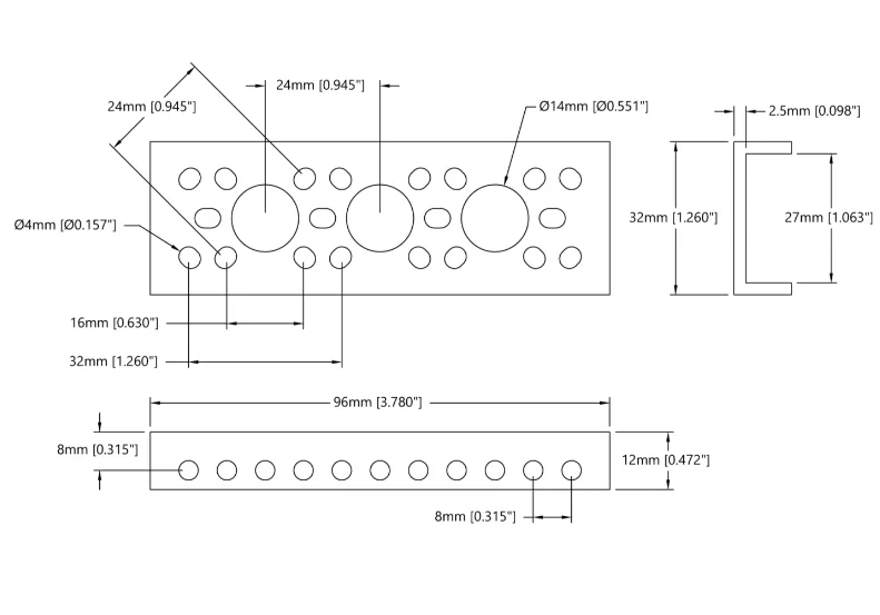 3143 Series Mini Low-Side U-Channel (3 Hole, 96mm Length) technical drawing