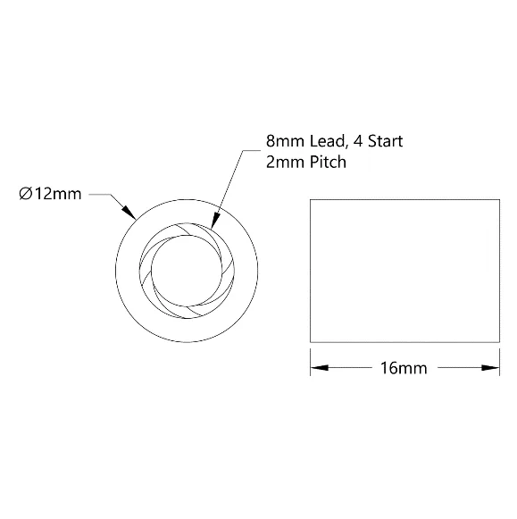 5500 Series Lead Screw Barrel Nut (8mm Lead, 4 Start, 12mm OD, 16mm Length) technical drawing