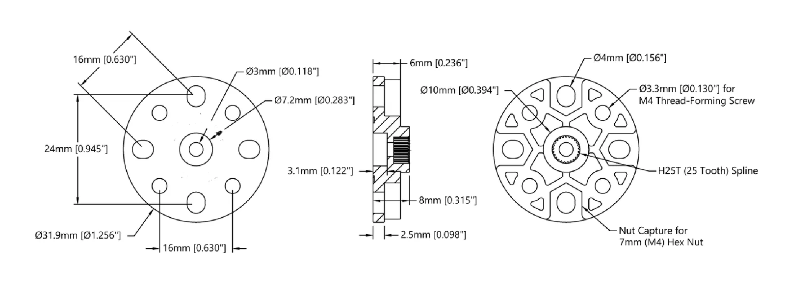 Plastic Servo Hub (H25T Spline, 32mm Diameter) technical drawing