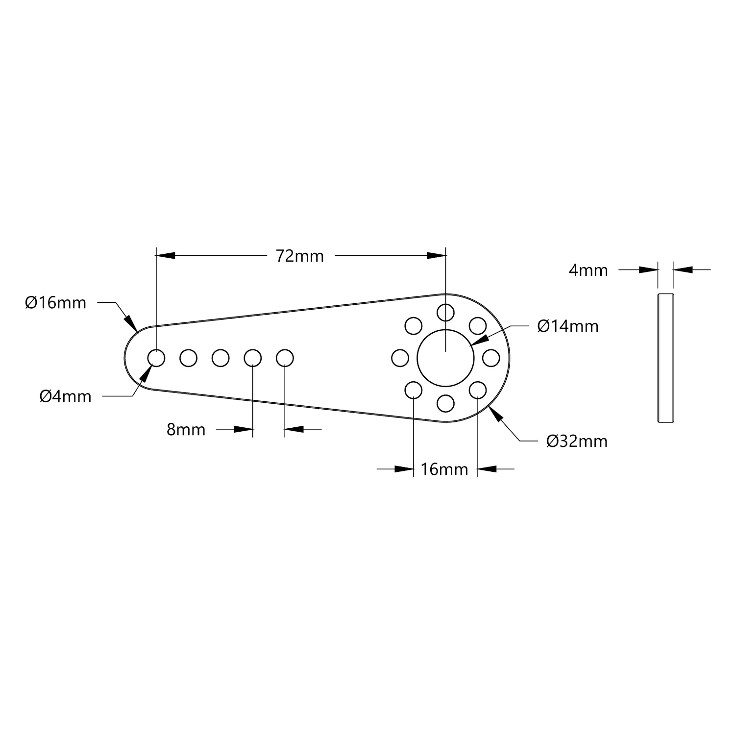 Aluminum Hub-Mount Control Arm (14mm Bore, 72mm Length) technical drawing