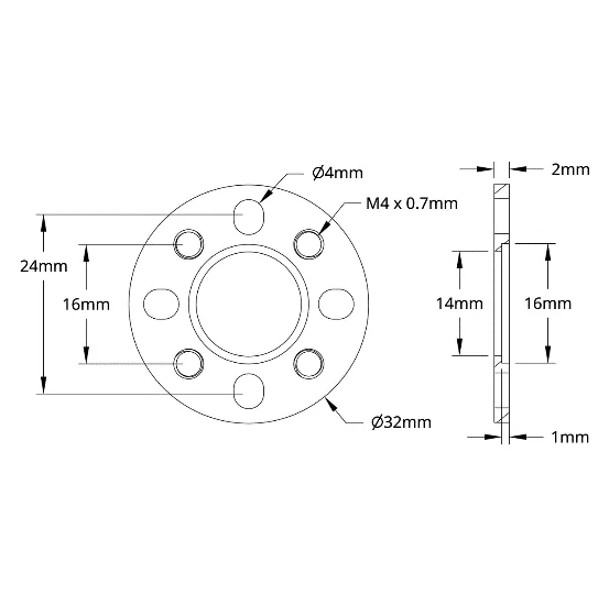 3504 Series 32mm OD Pattern Spacer (2mm Length) technical drawing