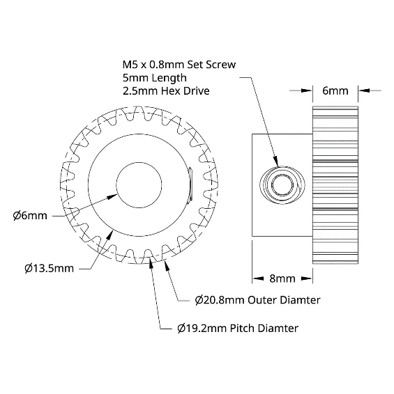 4304 Series Brass, MOD 0.8, Round Bore, Set Screw Pinion Gear (6mm Bore, 24 Tooth) technical drawing