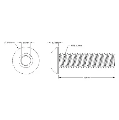 2802 Series Zinc-Plated Steel Button Head Screw (M4 x 0.7mm, 16mm Length) technical drawing