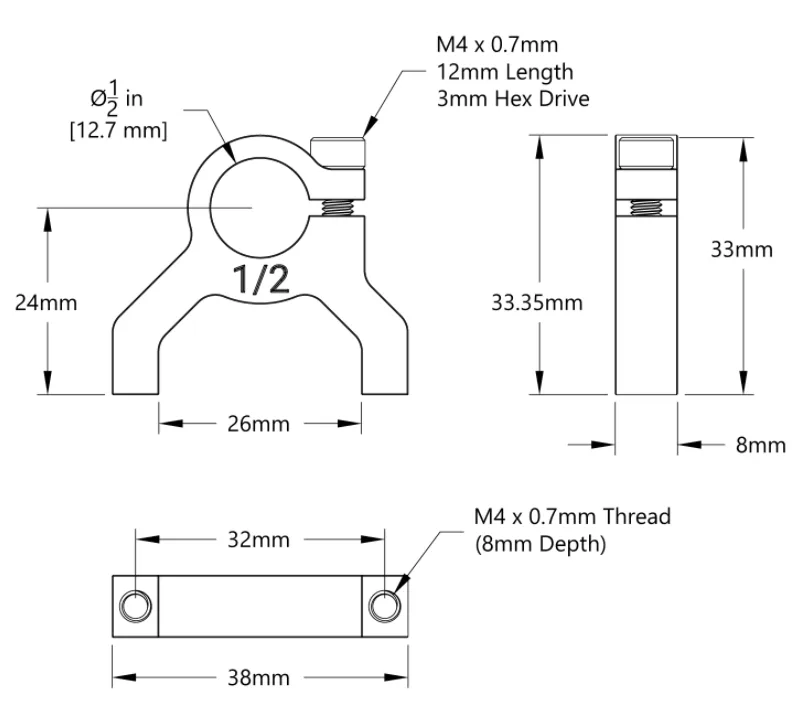 3400 Series 1-Side, 2-Post Clamping Mount (1/2" Bore) technical drawing