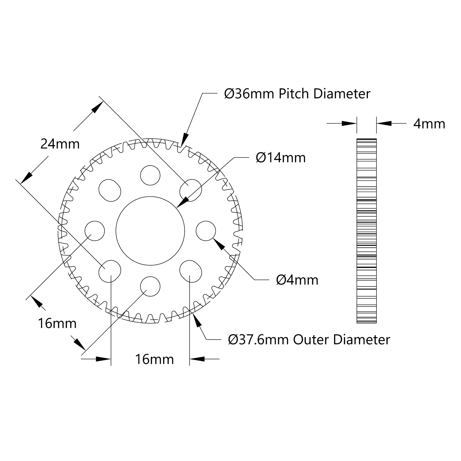 45 Tooth Aluminum Hub-Mount Gear (MOD 0.8, 4mm Thick, 14mm Bore) technical drawing