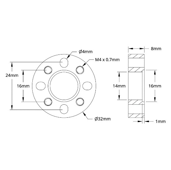 3504 Series 32mm OD Pattern Spacer (8mm Length) technical drawing
