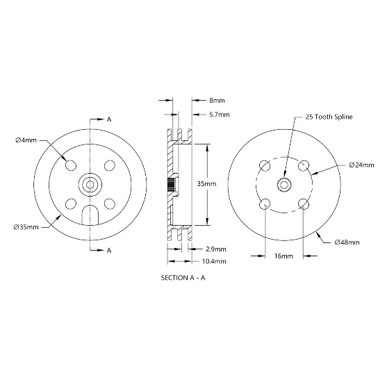5410 Series Servo Mount Winch Pulley (25T Spline, 38mm Spool Diameter) technical drawing