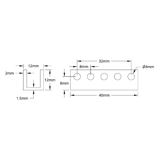 3101 Series U-Beam (5 Hole, 40mm Length) technical drawing