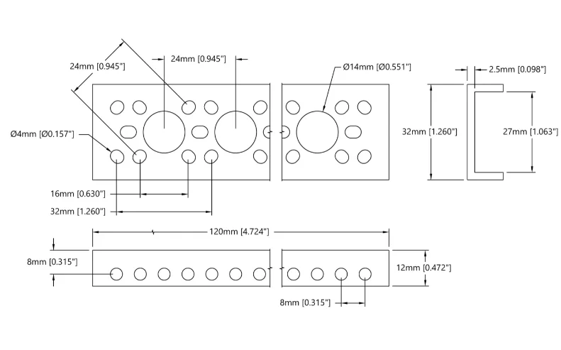 3143 Series Mini Low-Side U-Channel (4 Hole, 120mm Length) technical drawing