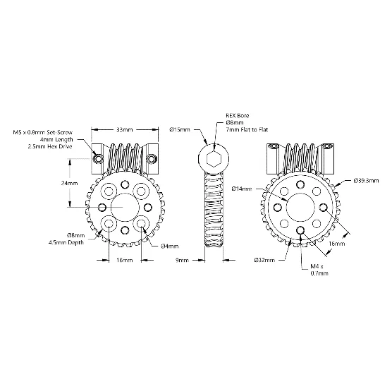 Worm Gear Set (28:1 Ratio, 8mm REX Bore Worm) technical drawing