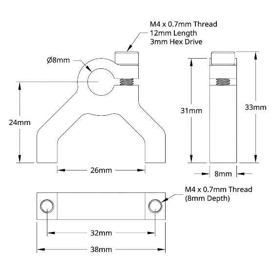 3400 Series 1-Side, 2-Post Clamping Mount (8mm Bore) technical drawing