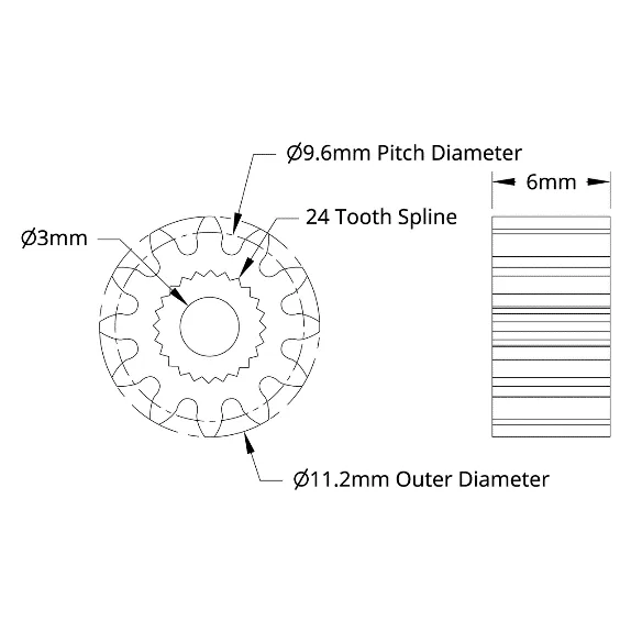 4307 Series Steel, MOD 0.8, Servo Gear (24 Tooth Spline, 12 Tooth) technical drawing