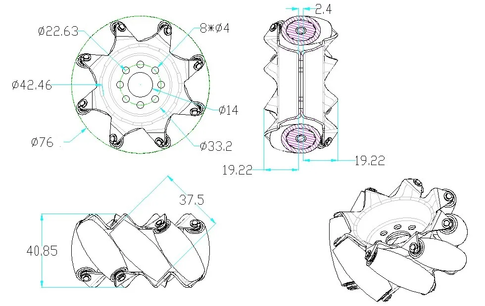3"MECANUM WHEEL(left) technical drawing
