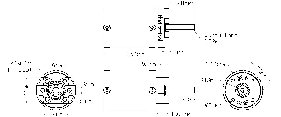 7102 Series Planetary Gearbox (188:1 Ratio, 24mm Length 6mm D Shaft) technical drawing