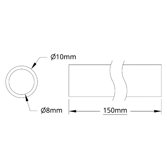 6100Series Aluminum Tube (8mm ID x 10mm OD, 150mm Length) technical drawing