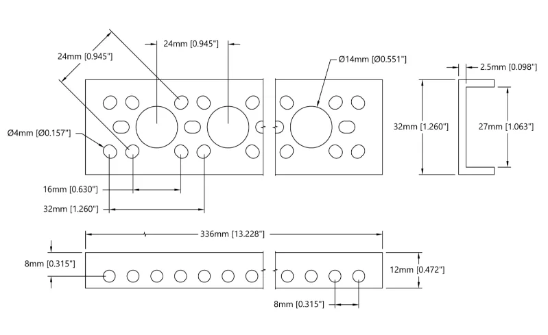 3143 Series Mini Low-Side U-Channel (13 Hole, 336mm Length) technical drawing