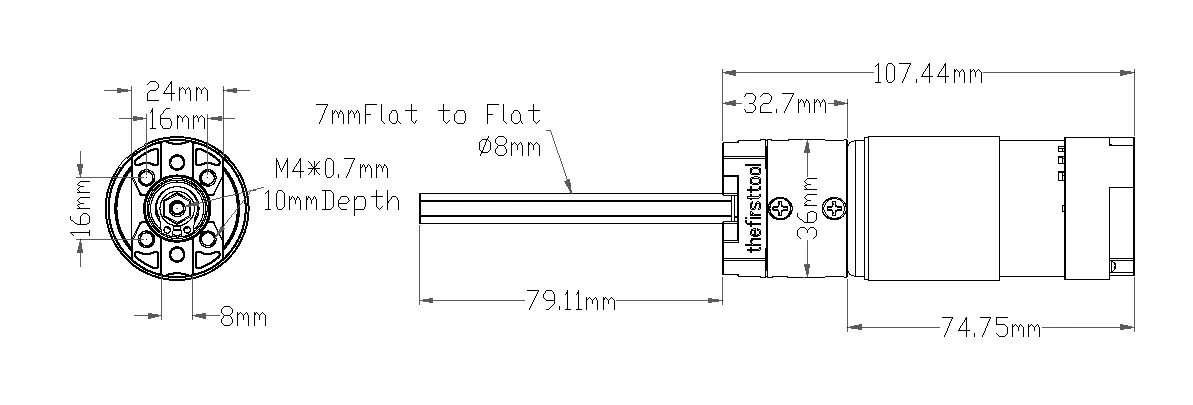 7204 Series Planetary Gear Motor (3.7:1 Ratio, 80mm Length 8mm REX Shaft, 1620 RPM, 3.3 - 5V Encoder) technical drawing