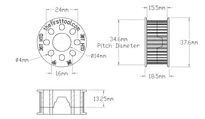 5402 Series 3mm HTD Pitch Plastic Hub Mount Timing Belt Pulley (14mm Bore, 36 Tooth) technical drawing