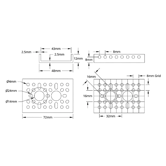 3121 Series Low-Side U-Channel (2 Hole, 72mm Length) technical drawing
