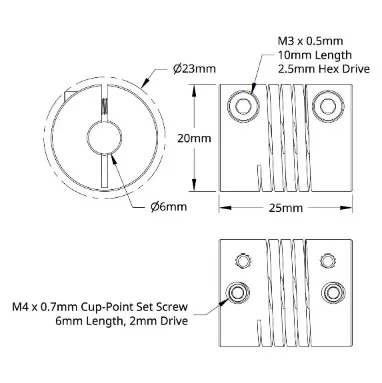 6002 Series Flexible Clamping Shaft Coupler (6mm Round Bore to 6mm Round Bore) technical drawing