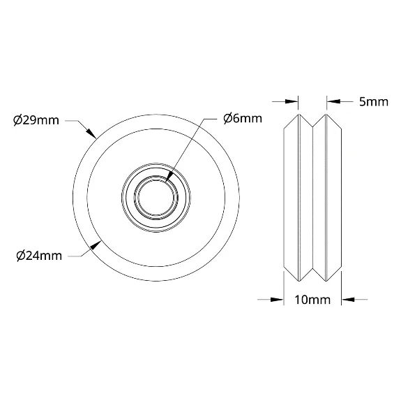 5600 Series W-Wheel (6mm Bore, 29mm OD, 10mm Width) technical drawing