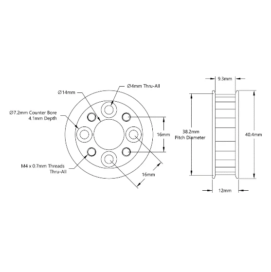 5411 Series 5mm HTD Pitch Aluminum Hub Mount Timing Belt Pulley (14mm Bore, 24 Tooth) technical drawing