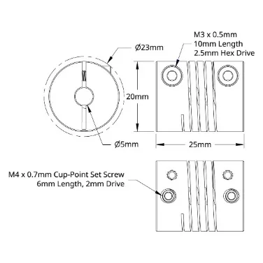 6002 Series Flexible Clamping Shaft Coupler (5mm Round Bore to 5mm Round Bore) technical drawing