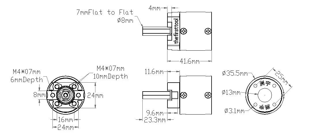 7103 Series Planetary Gearbox (13.7:1 Ratio, 24mm Length 8mm REX Shaft) technical drawing