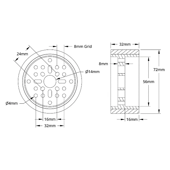 5614 Series Rhino Wheel (14mm Bore, 72mm Diameter, 30A Durometer) technical drawing