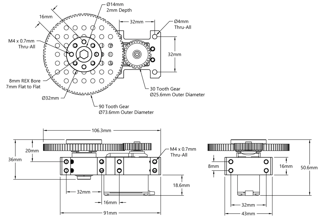Servo Gearbox for Standard Size Servos( 3:1 Ratio,no servo)