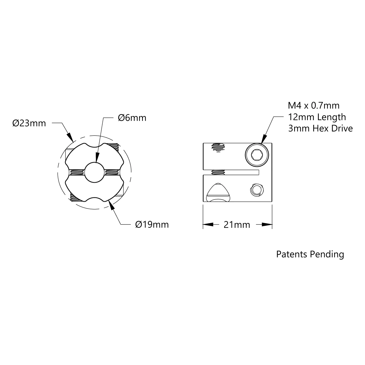 6007 Series Hyper Coupler (6mm Round Bore to 6mm Round Bore) technical drawing