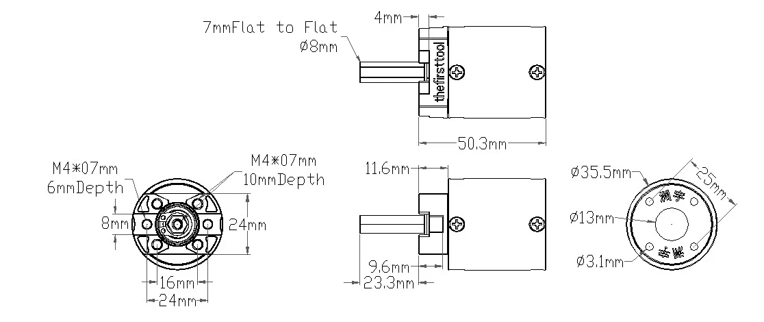 7103 Series Planetary Gearbox (99.5:1 Ratio, 24mm Length 8mm REX Shaft) technical drawing