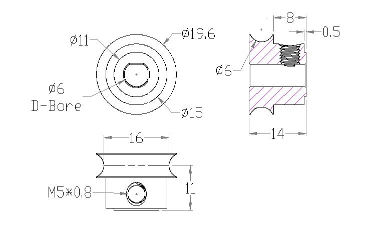 5401 Series Set-Screw Round Belt Pulley (6mm D Bore, 16mm PD)