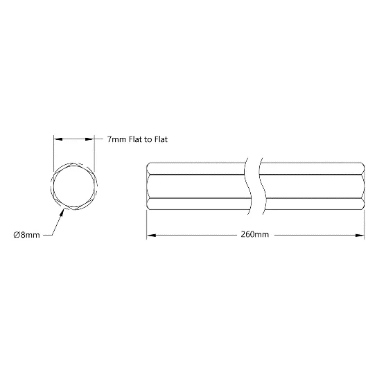 4102 Series Stainless Steel REX Shaft (8mm Diameter, 260mm Length) technical drawing