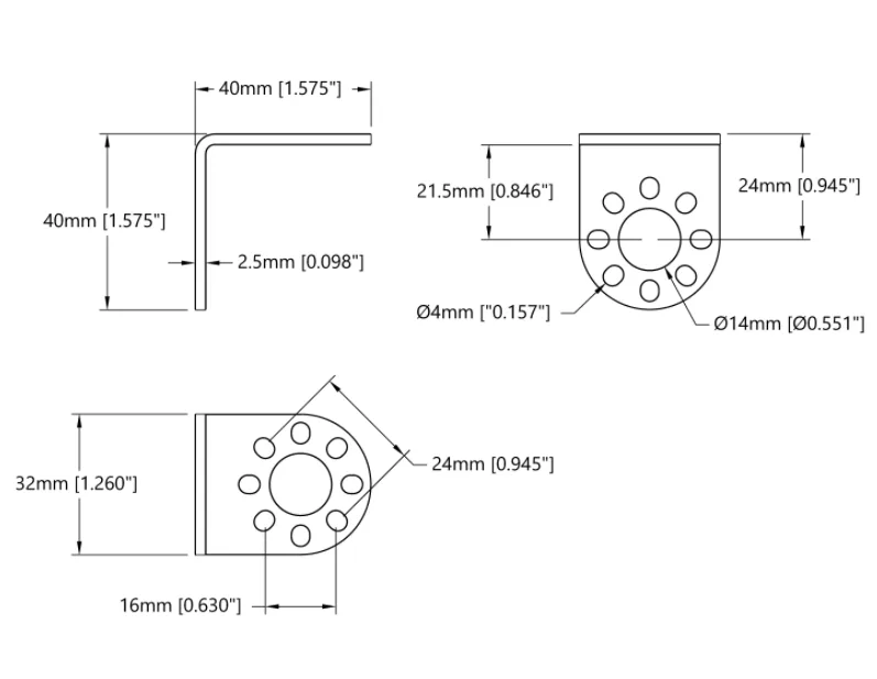 3141 Series Round-End Steel Angle Pattern Bracket (90°, 1 Hole) - 2 Pack technical drawing