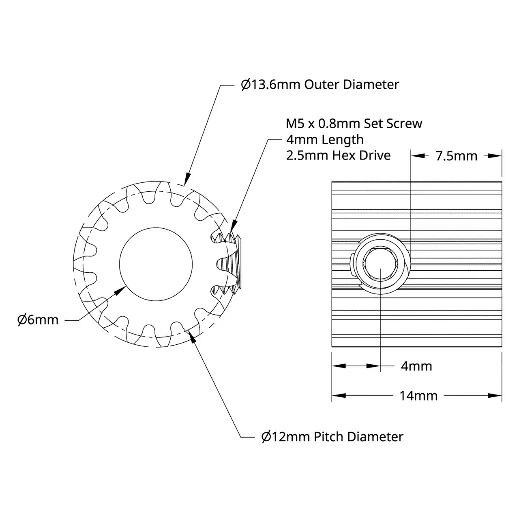 S4304 Series Steel, MOD 0.8, Round Bore, Set Screw Pinion Gear (6mm Bore, 15 Tooth) technical drawing