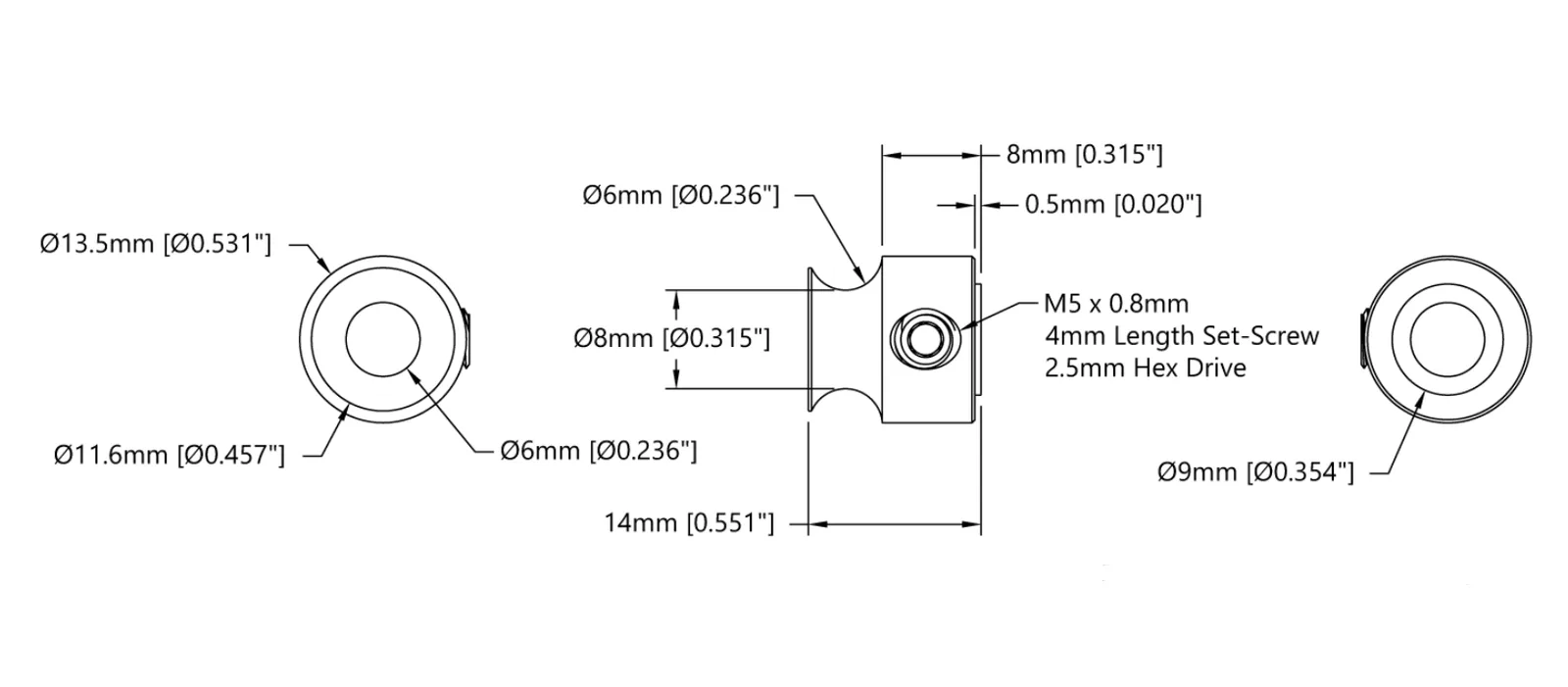 5401 Series Set Screw Round Belt Pulley (6mm Bore, 8mm PD) technical drawing