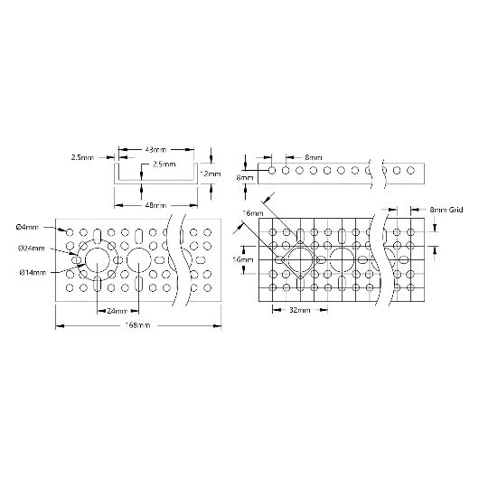 3121 Series Low-Side U-Channel (6 Hole, 168mm Length) technical drawing