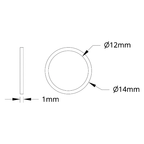 3500 Series Plastic Spacer (12mm ID x 14mm OD, 1mm Thickness) technical drawing
