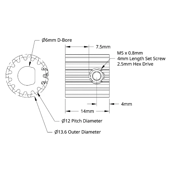 4301 Series Brass, MOD 0.8, D-Bore, Set Screw Pinion Gear (6mm D-Bore, 15 Tooth) technical drawing