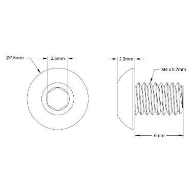 2802 Series Zinc-Plated Steel Button Head Screw (M4 x 0.7mm, 6mm Length) technical drawing