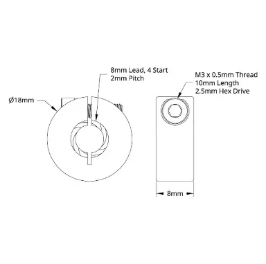 5504 Series Lead Screw Clamping Collar (8mm Lead, 4 Start, 18mm OD, 8mm Length) technical drawing