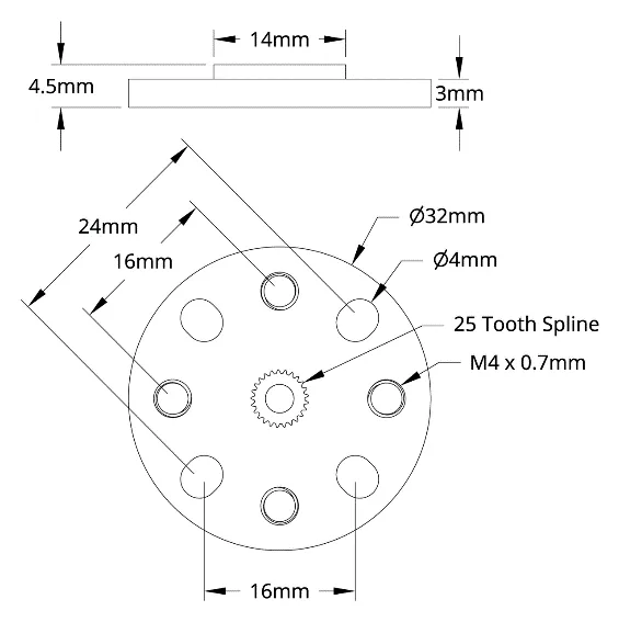 3906 Series Lightweight Servo Hub (25 Tooth Spline, 32mm Diameter) technical drawing