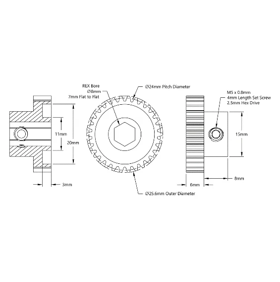 4303 Series Steel, MOD 0.8 Pinion Gear (8mm REX Bore, 30 Tooth) technical drawing