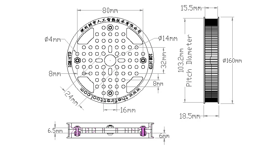 5402 Series 3mm HTD Pitch Plastic Hub Mount Timing Belt Pulley (14mm Bore, 108 Tooth) technical drawing