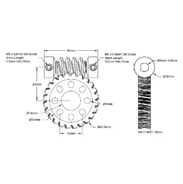 24:1 Ratio Worm Gear Set (6mm D-Bore Worm) technical drawing