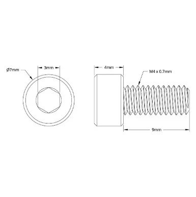 2800 Series Zinc-Plated Steel Socket Head Screw (M4 x 0.7mm, 9mm Length) technical drawing